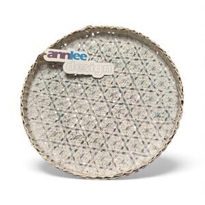 Ann Lee Designs handwoven bamboo basket tray White W Teal Star 14”x14x1”